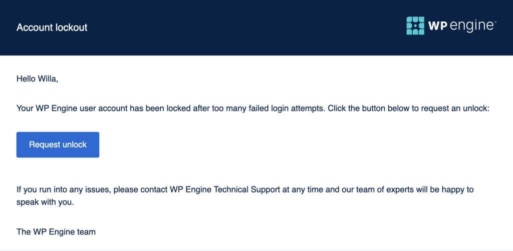 Screenshot of the Account Unlock Email sent after too many failed login attempts to the WP Engine User Portal