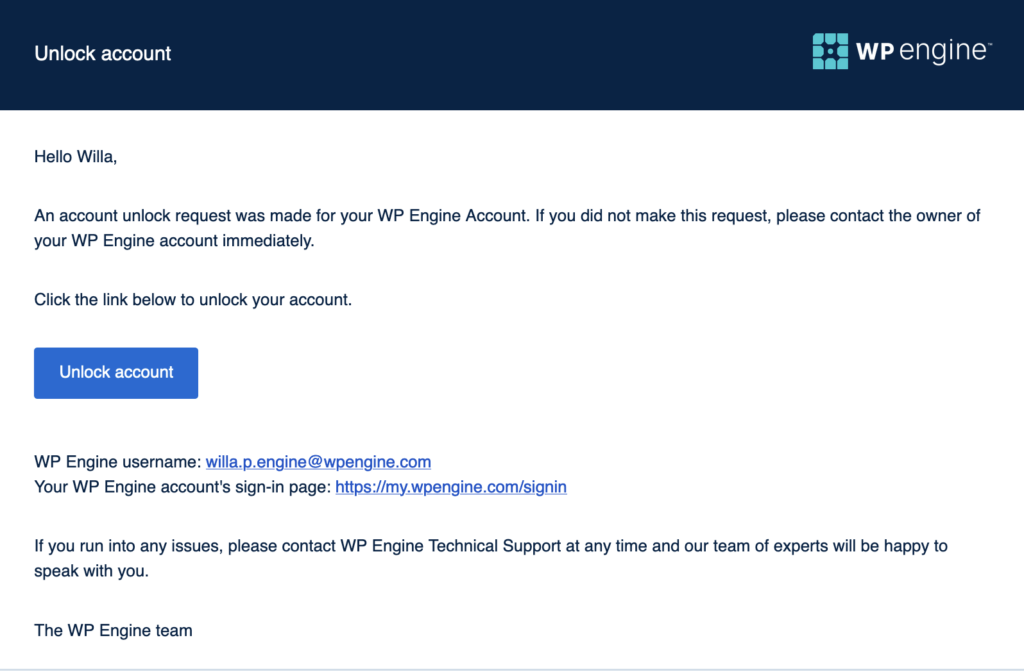 Screenshot of the Unlock Account Email sent after initiating an Unlock Account request for the WP Engine User Portal